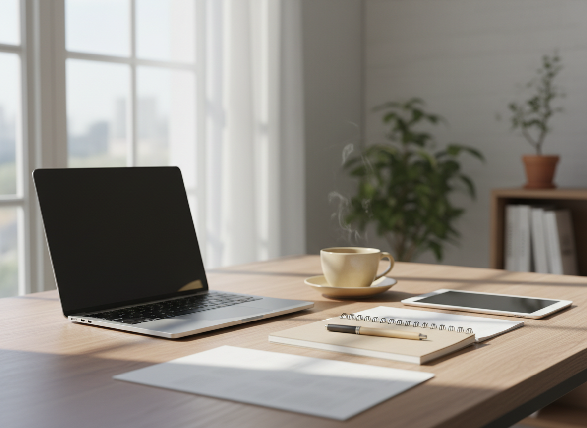 A professional editorial image for a Dutch recruitment article about structured recruitment processes in SME companies. Clean desk with a notebook, laptop and coffee cup, soft natural daylight, warm neutral tones. Modern and approachable, suitable for a blog post about HR and recruitment strategy. No text.
